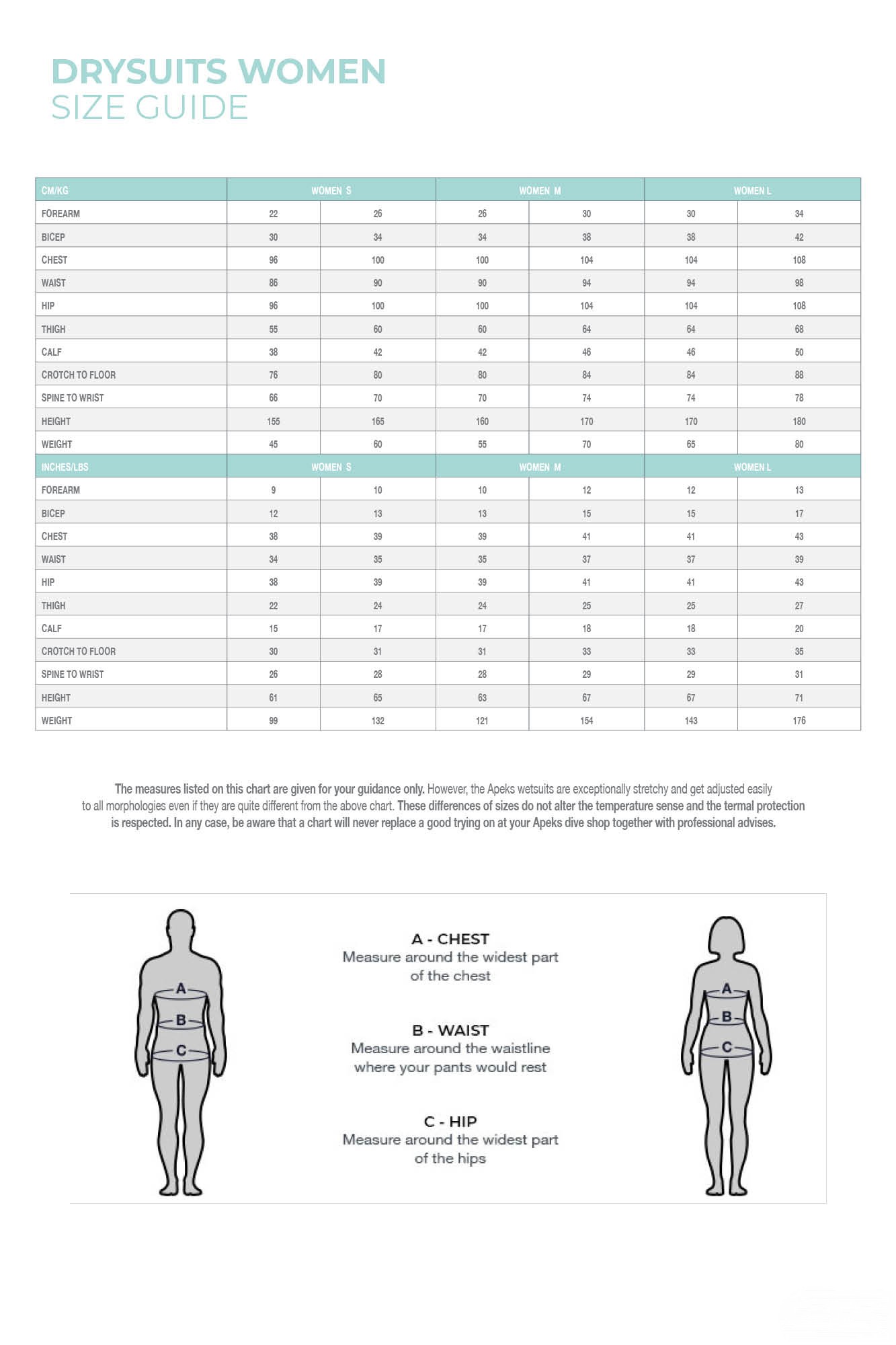 THERMIQ DRY - Women's Dive Drysuit - Size guide