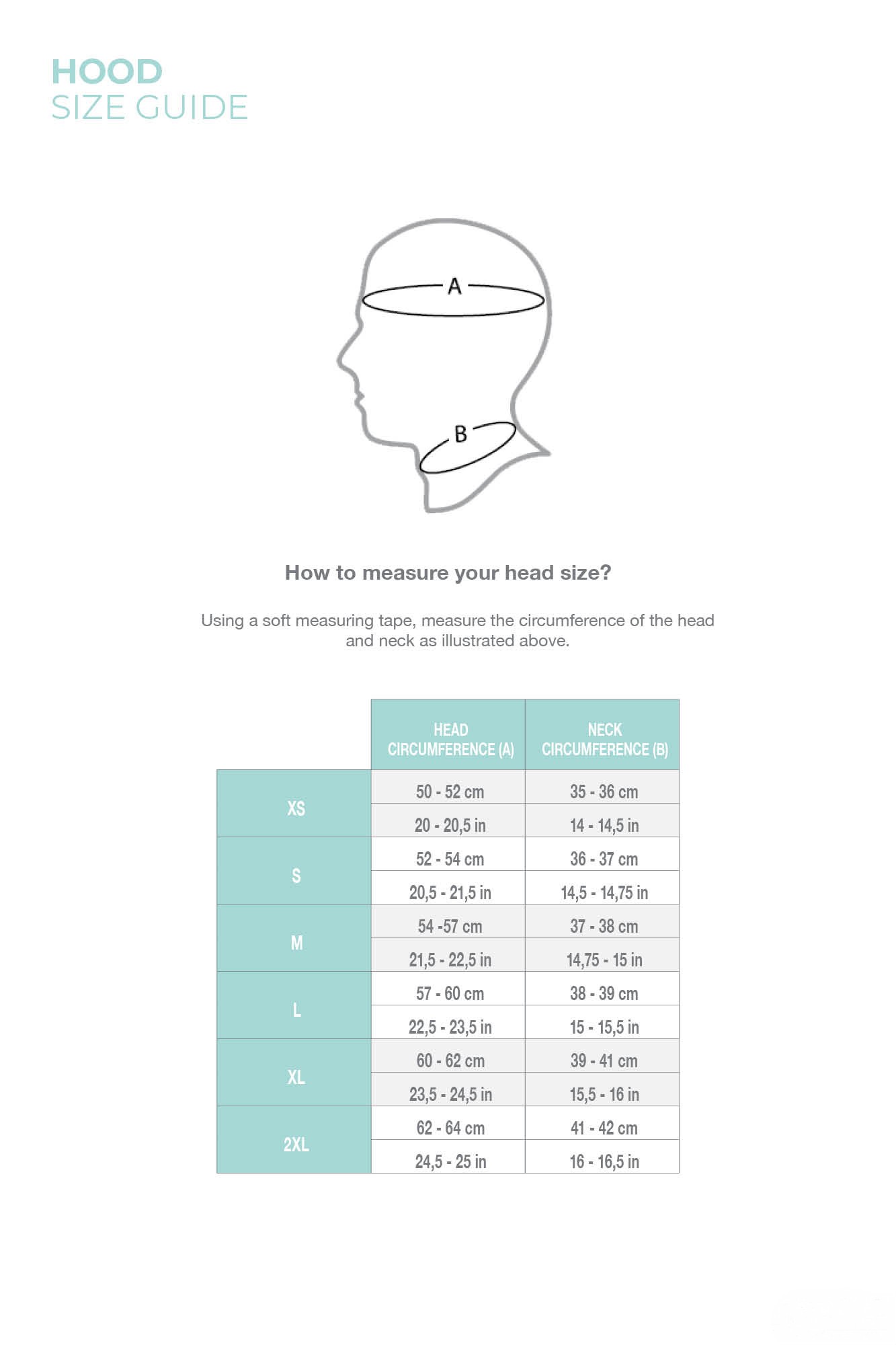 THERMIQ - 5mm Hood - Size guide