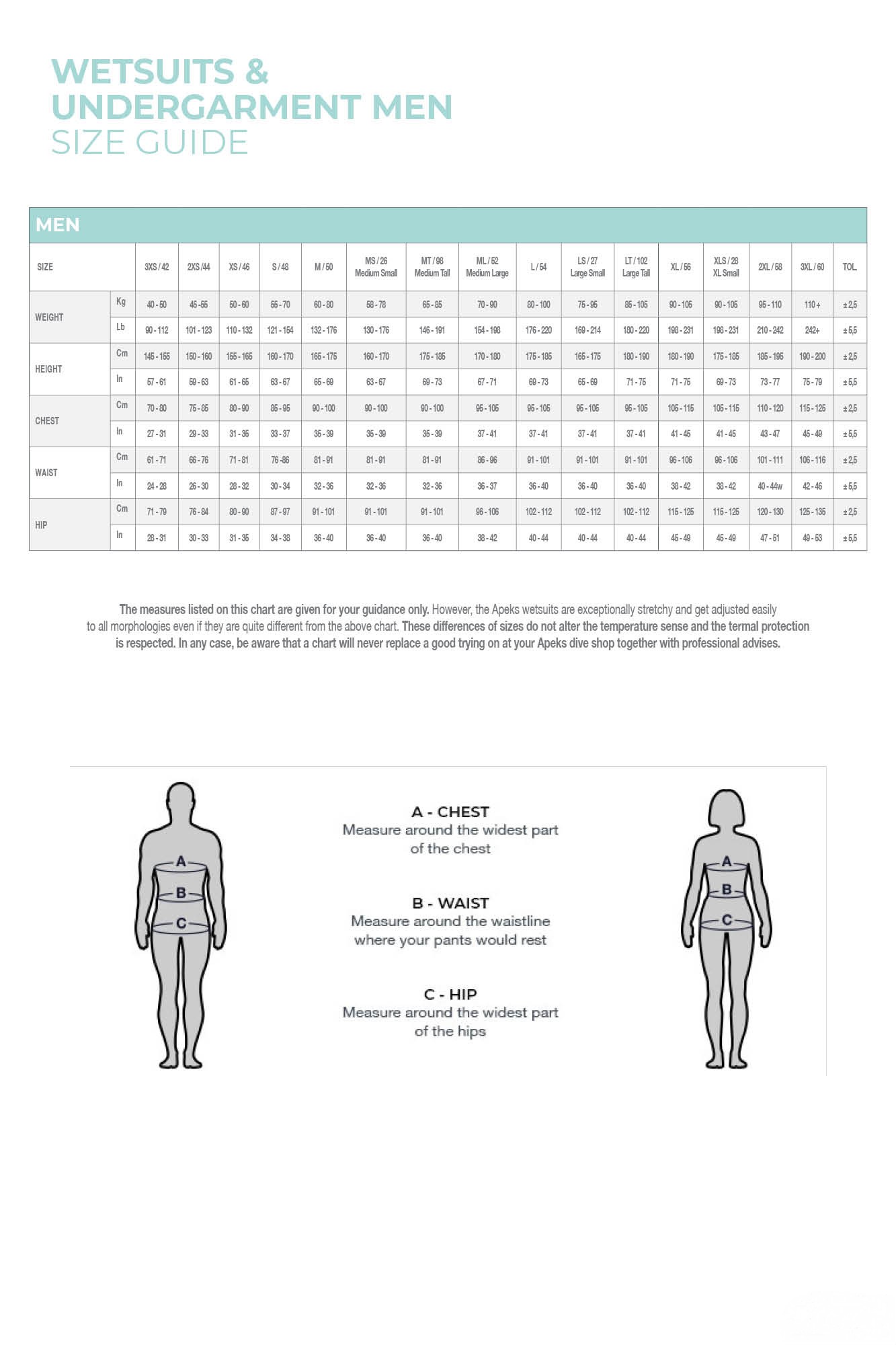 THERMIQ ADV - Men's Wetsuit 8/7mm - Size guide