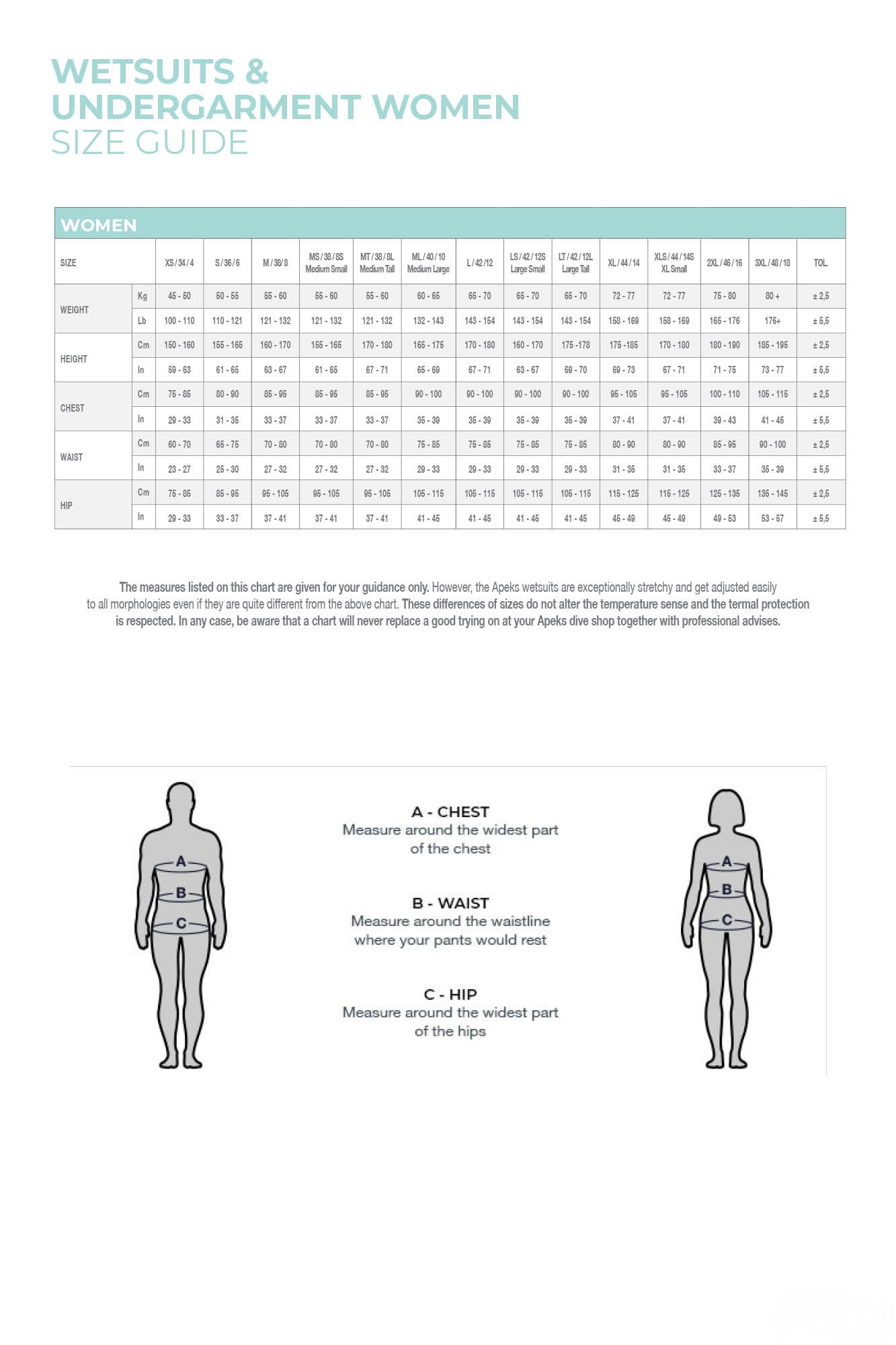 THERMIQ ADV - Women's Wetsuit 8/7mm - Size guide